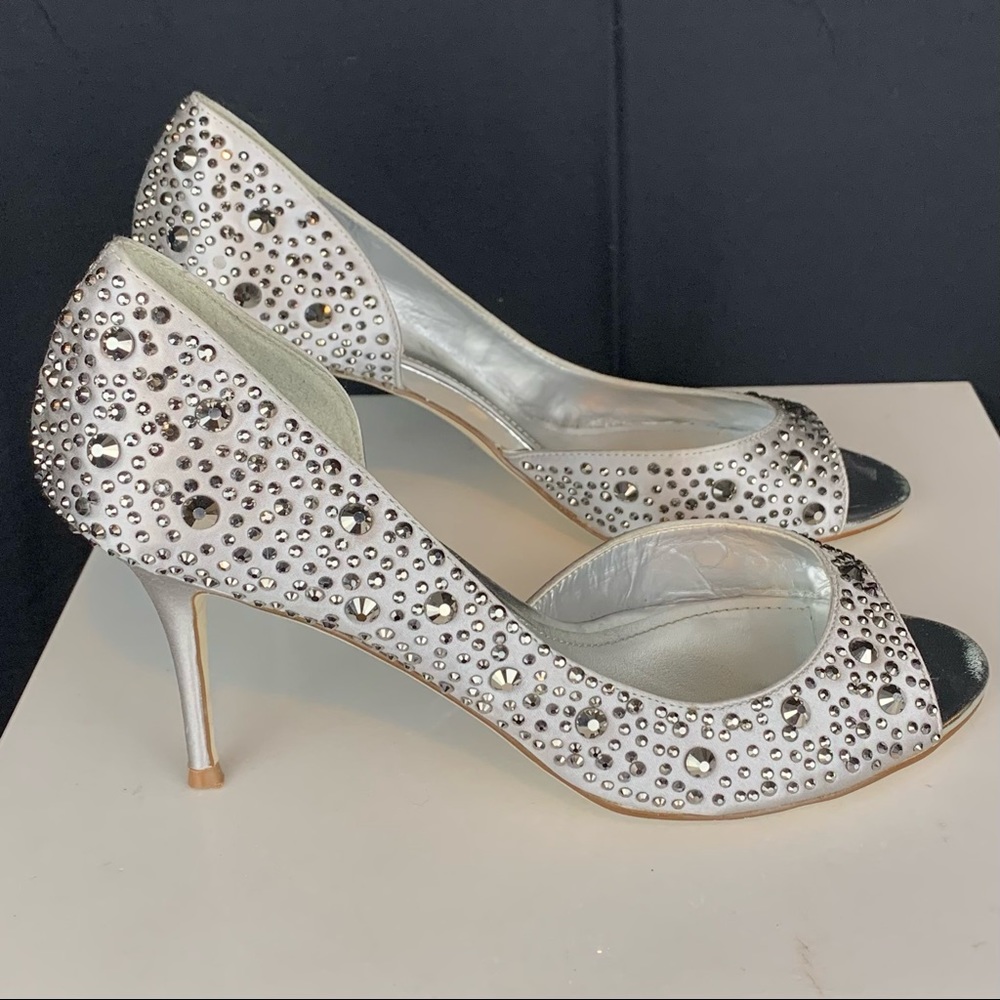 ALDO silver studded peep toe wedding formal heels, size 8.5